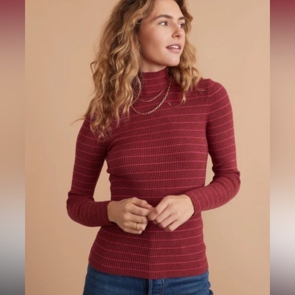 Marine Layer Chamonix Ribbed Turtleneck Sweater Ruby Wine/Fuchsia Stripe S - Picture 1 of 9